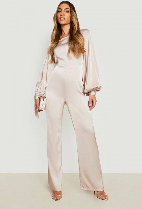 boohoo Satijnen Flared Jumpsuit Met Ballonmouwen, Champagne