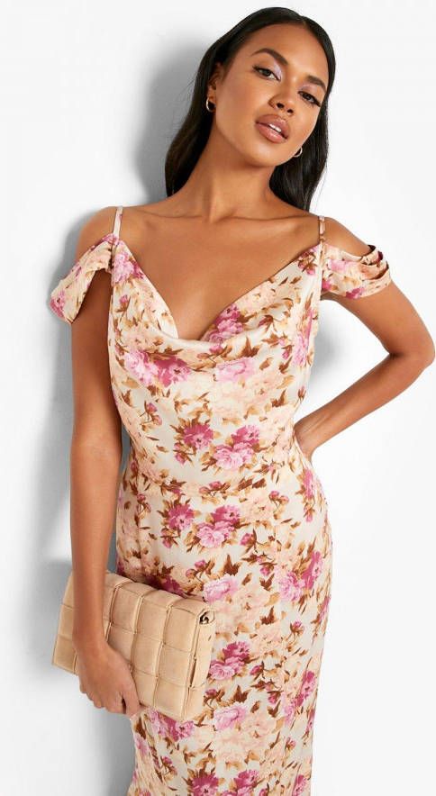 boohoo Satijnen Gelegenheids Bloemen Crop Top Met Waterval Hals, Antique Rose