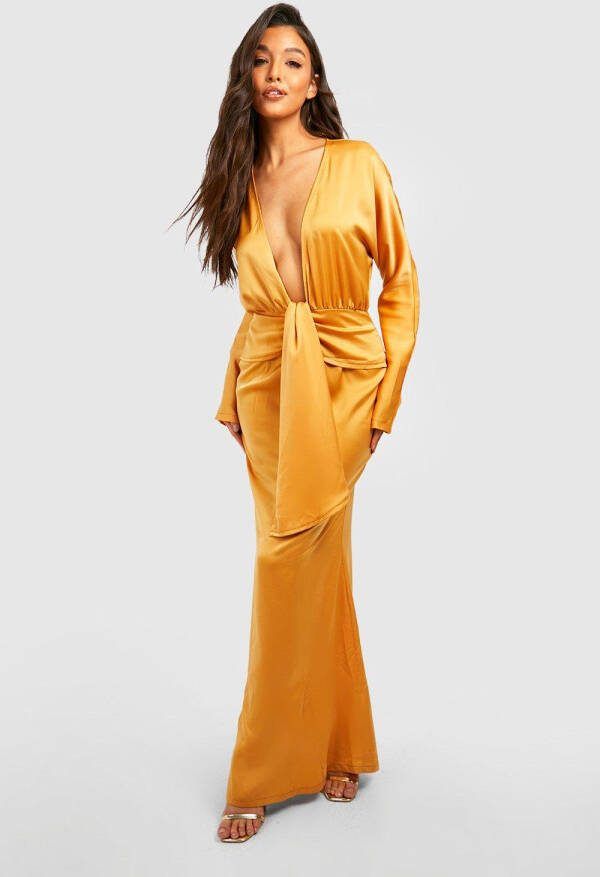 boohoo Satijnen Maxi Jurk Met Laag Decolleté,, Mustard