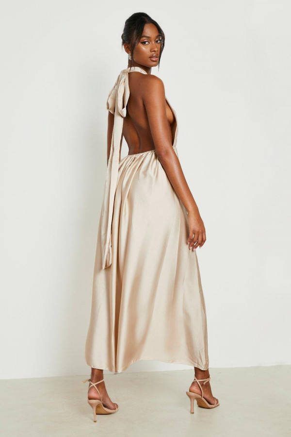 boohoo Satijnen Maxi Jurk Met Rug Strik, Stone