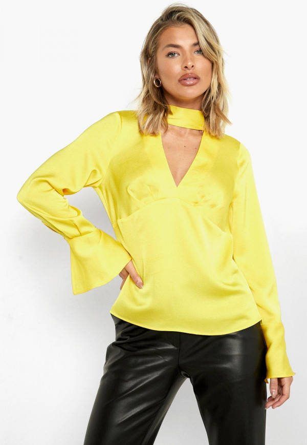 boohoo Satijnen Met Laag Decolleté, En Wijde Pijpen Cuff Blouse, Yellow