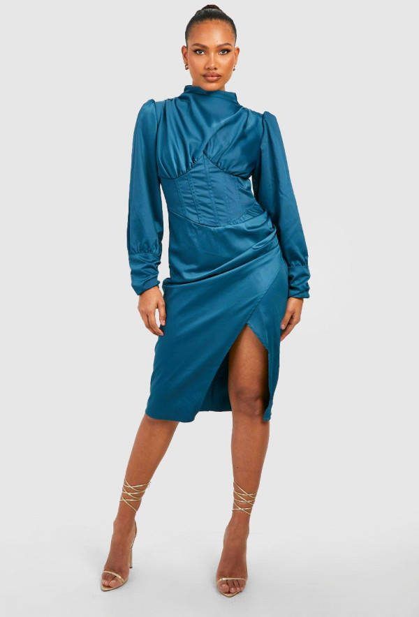 boohoo Satijnen Midi Jurk Met Korset Detail En Hoge Hals, Teal