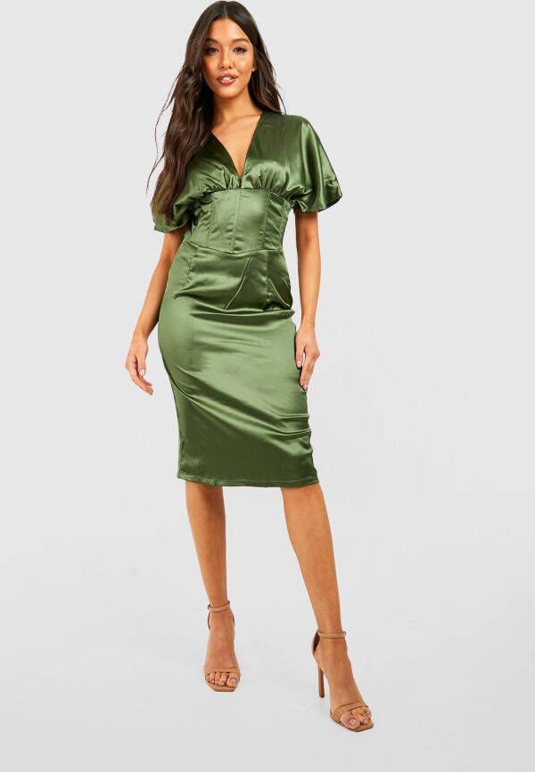 boohoo Satijnen Midi Jurk Met Korset Detail, Olive