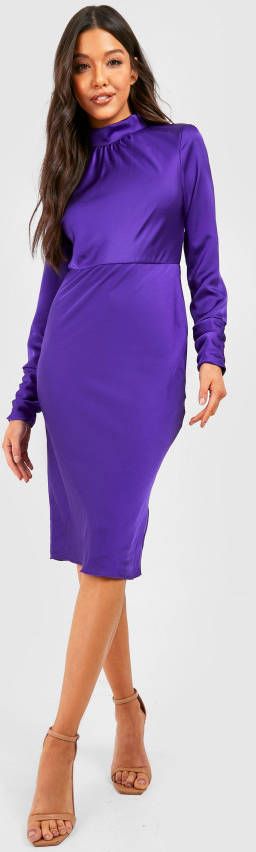 boohoo Satijnen Midi Jurk Met Open Rug En Hoge Hals, Jewel Purple