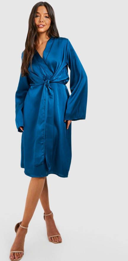 boohoo Satijnen Midi Jurk Met Wijde Mouwen En Strik, Teal