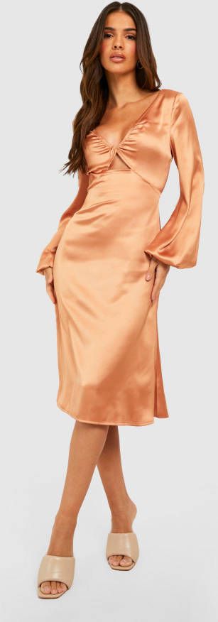 boohoo Satijnen Midi Skater Jurk Met Rug Strik, Copper