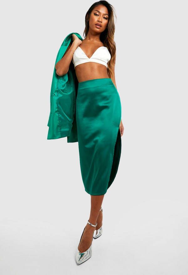 boohoo Satijnen Premium Midaxi Rok Met Hoge Split, Emerald