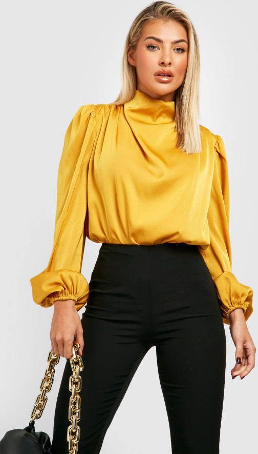 boohoo Satijnen Premium One Piece Met Hoge Hals En Ballonmouwen, Mustard
