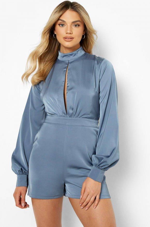 boohoo Satijnen Romper Met Ballonmouwen En Hoge Hals, Dusty Blue