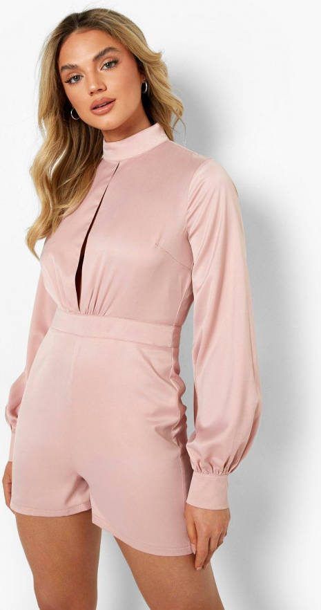 boohoo Satijnen Romper Met Ballonmouwen En Hoge Hals, Rose