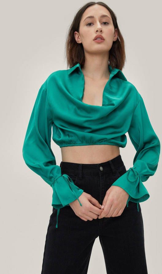 boohoo Satijnen Shirt Met Losse Col En Mouwstrikjes, Green