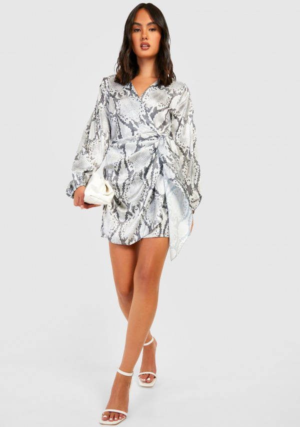 boohoo Satijnen Slangenprint Jurk Met Strik, Grey