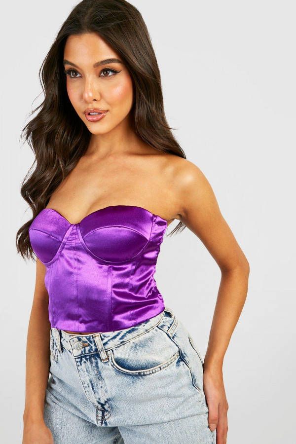 boohoo Satijnen Strapless Korset Top, Purple