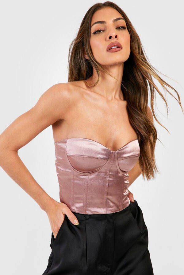 boohoo Satijnen Strapless Korset Top, Rose Gold