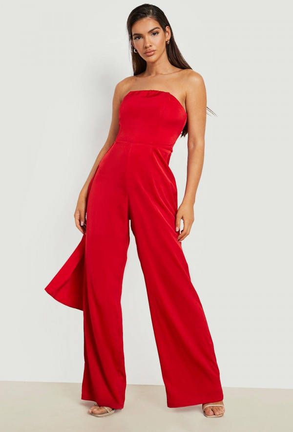 boohoo Satijnen Strapless Wide Leg Jumpsuit, Red