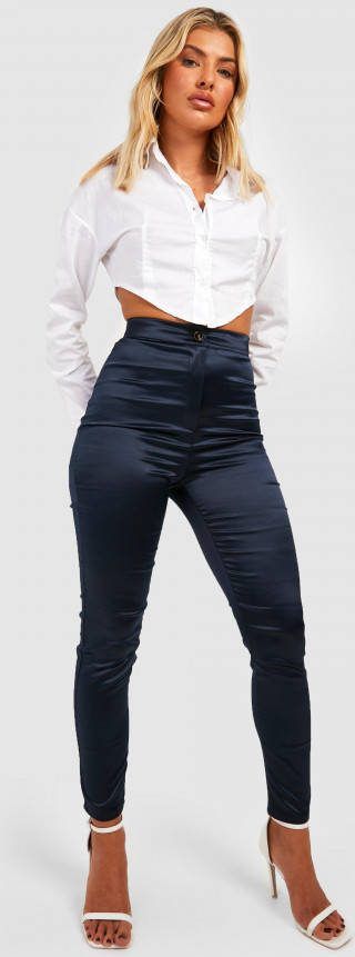boohoo Satijnen Stretch High Waist Leggings, Navy