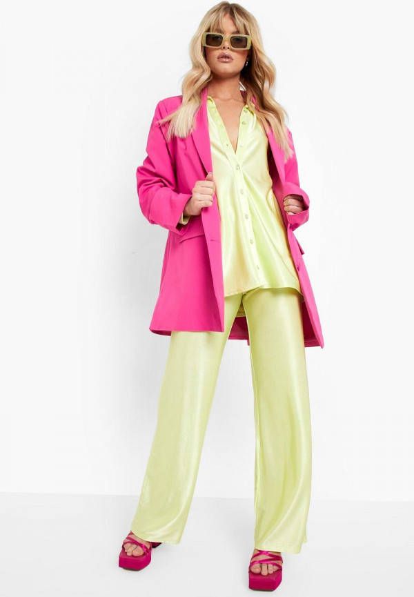 boohoo Satijnen Stretch Wide Leg Broek, Lime