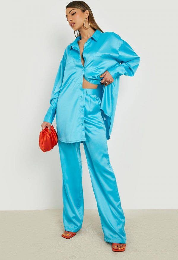 boohoo Satijnen Wide Leg Broek, Turquoise
