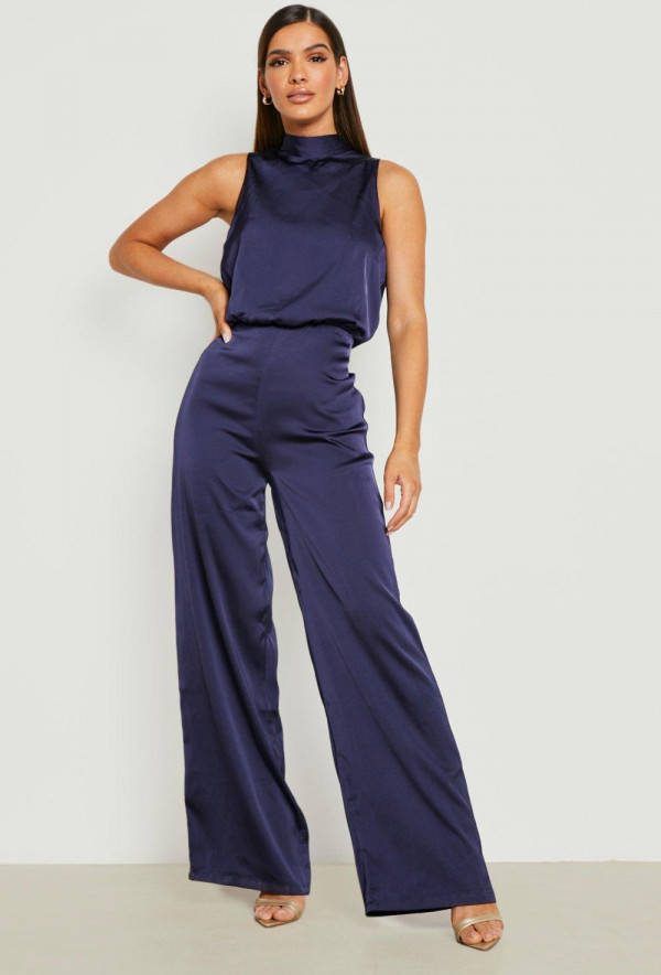 boohoo Satijnen Wide Leg Jumpsuit Met Rug Strik, Navy