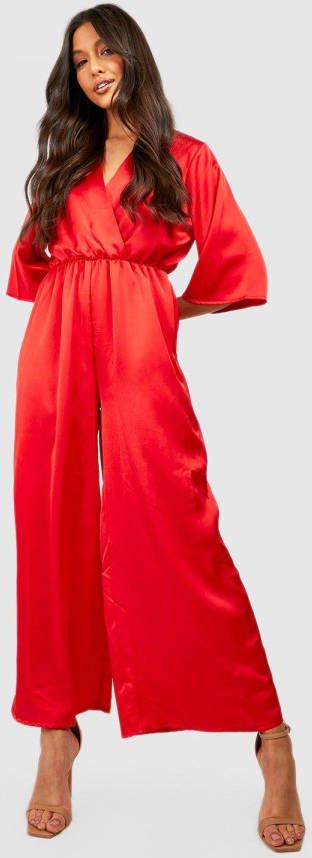 boohoo Satijnen Wikkel Jumpsuit, Red