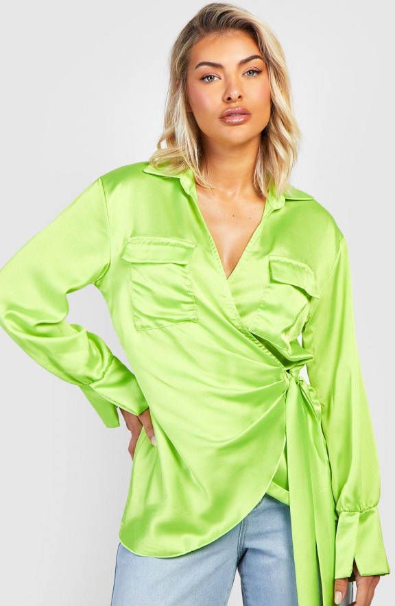 boohoo Satijnen Wikkel Overhemd Met Zak Detail, Lime