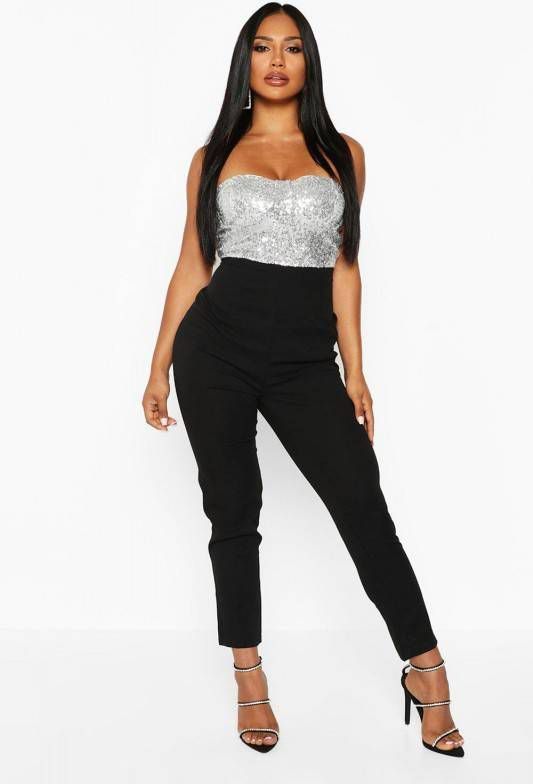 boohoo Slim Leg Jumpsuit Met Pailletten Bustier, Silver