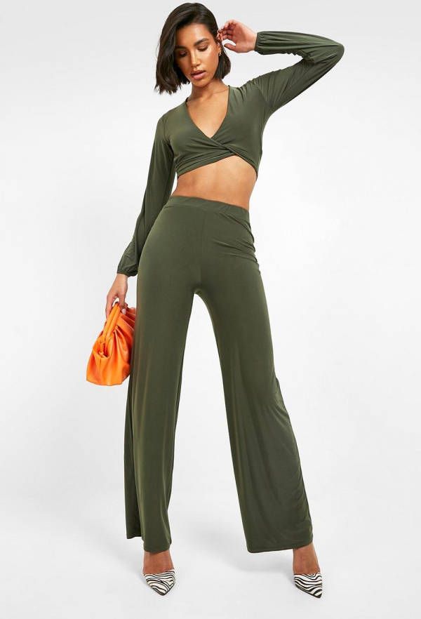 boohoo Set Met Strakke Wide Leg Broek, Olive