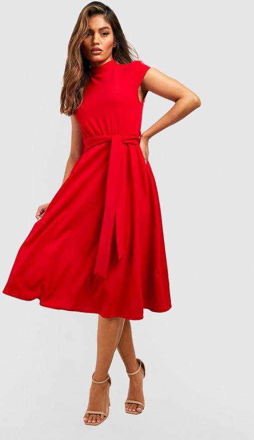 boohoo Skater Jurk Met Hoge Hals En Ceintuur, Red