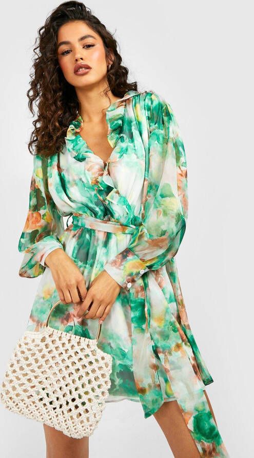 boohoo Skater Jurk Met Ruches, Ceintuur En Print, Green