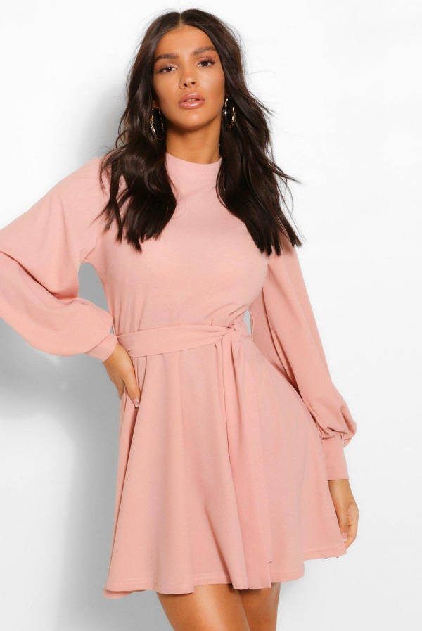 boohoo Skater Jurk Met Hoge Hals, Ballonmouwen En Ceintuur, Rose