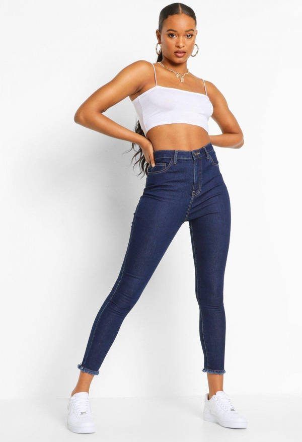 boohoo Skinny Jeans Met Hoge Taille En Gerafelde Zoom, Dark Blue