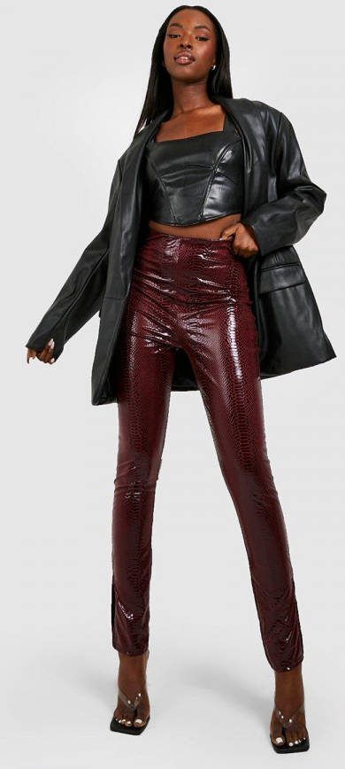 boohoo Slangenprint High Waist Leggings Met Split En Relië, f, Burgundy