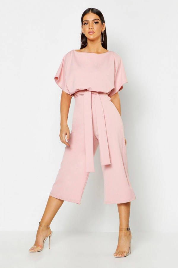 boohoo Culotte Jumpsuit Met Ceintuur En Boothals, Poederroze