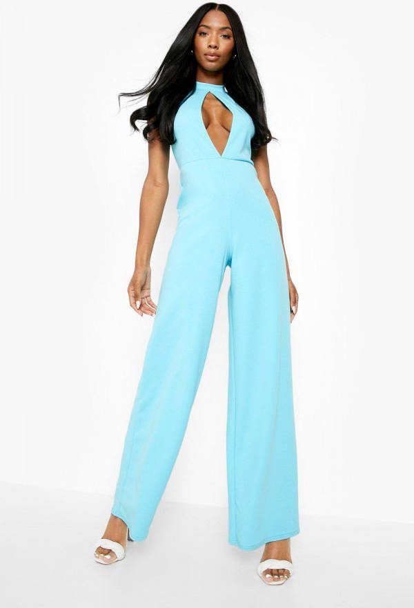 boohoo Sleutelgat Wide Leg Jumpsuit Met Hoge Hals, Aqua