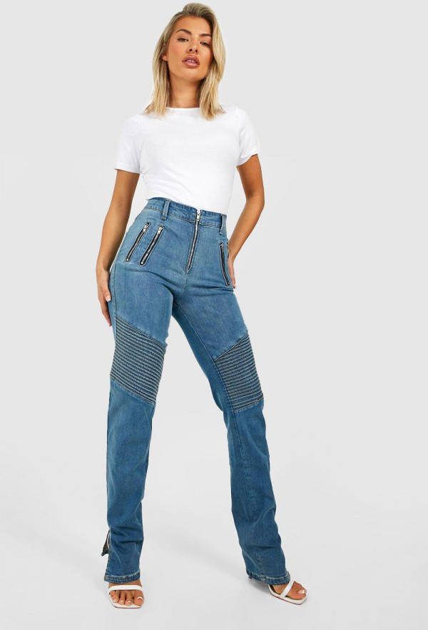 boohoo Slim Fit High Waist Biker Jeans, Washed Blue