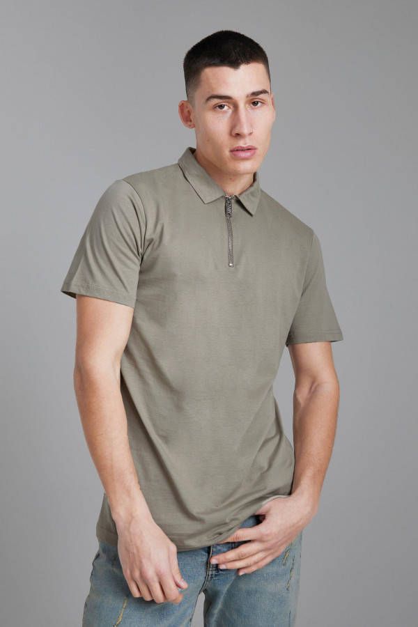 boohoo Slim Fit Polo Met Korte Mouwen En Rits, Taupe