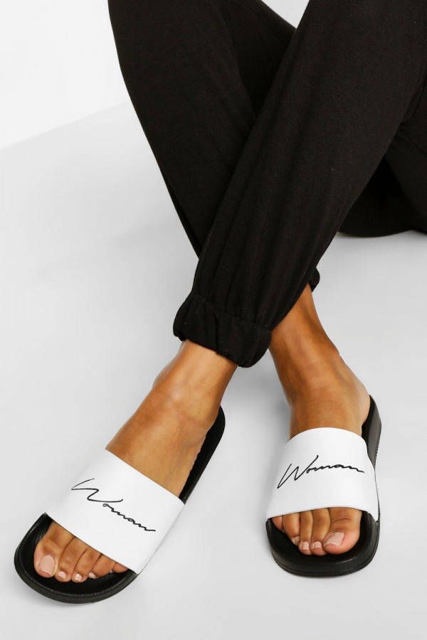 boohoo Woman Slippers Met Tekst, Zwart