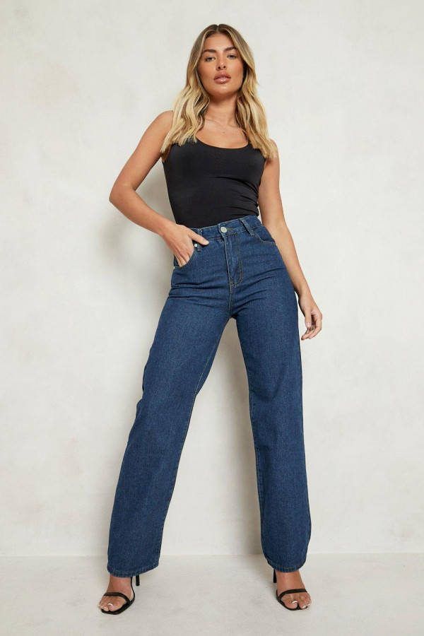 boohoo Spijkerbroek Met Wijde Pijpen En Hoge Taille, Mid Blue