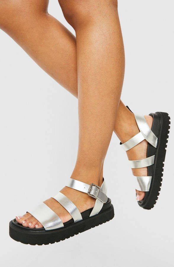 boohoo Sportieve Dad Sandalen Met Dubbele Bandjes, Silver