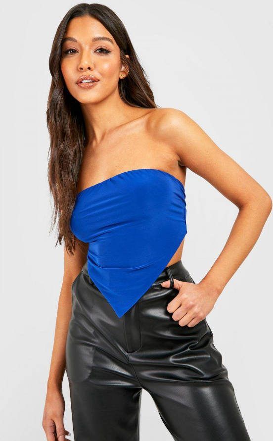 boohoo Strakke Bandeau Crop Top Met Rug Strik En Puntige Zoom, Cobalt