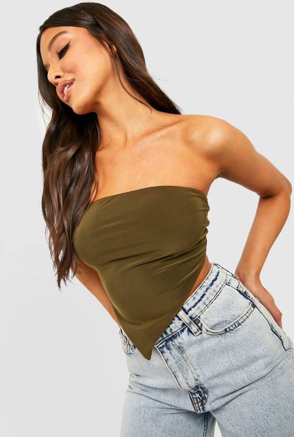 boohoo Strakke Bandeau Crop Top Met Rug Strik En Puntige Zoom, Khaki