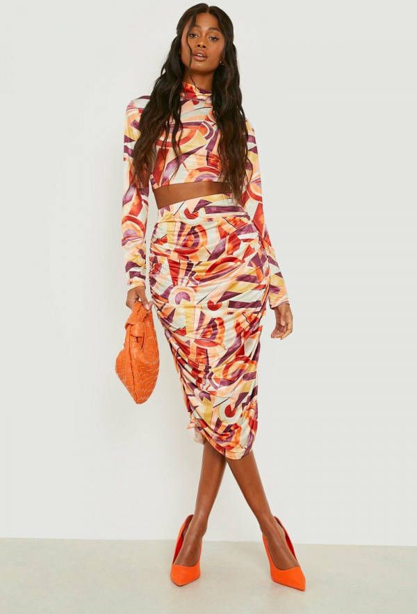 boohoo Strakke Crop Top Met Hoge Hals En Geplooide Rok Set, Multi