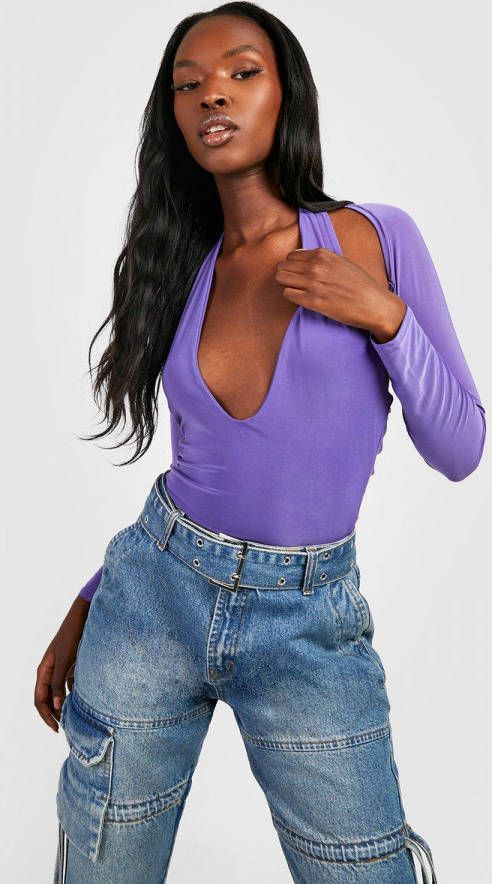 boohoo Strakke Cut Out One Piece Met Dubbele Lagen En Laag Decollet&#xE9,, Purple