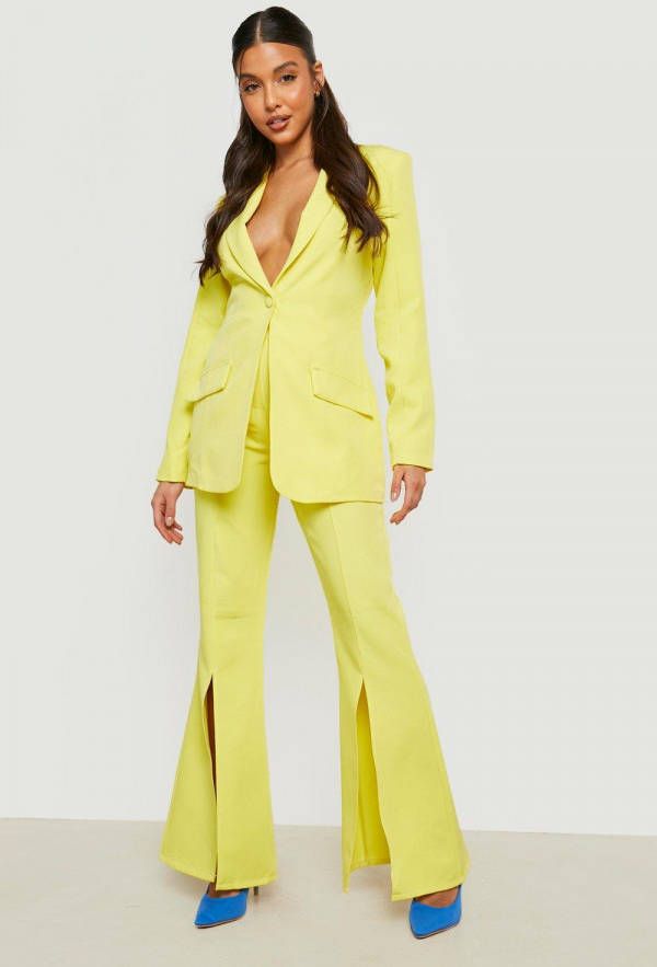 boohoo Strakke Flared Broek Met Split, Lemon