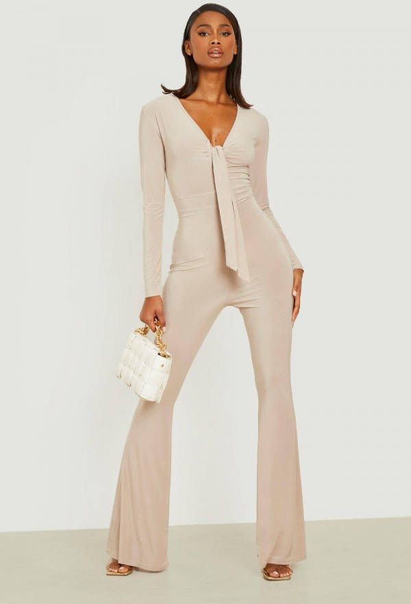 boohoo Strakke Flared Jumpsuit Met Strik, Stone