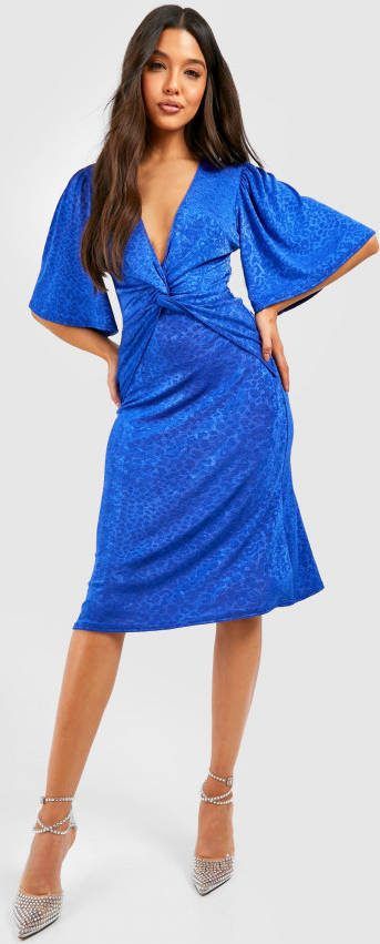 boohoo Strakke Gedraaide Jacquard Midi Jurk Met Engelenmouwen, Blue