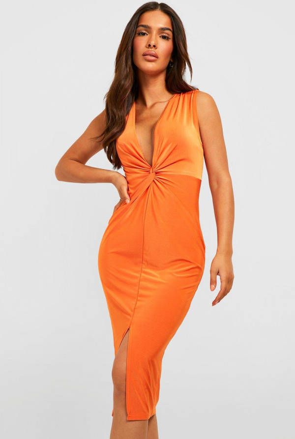 boohoo Strakke Gedraaide Midi Jurk Met Voorsplit, Orange