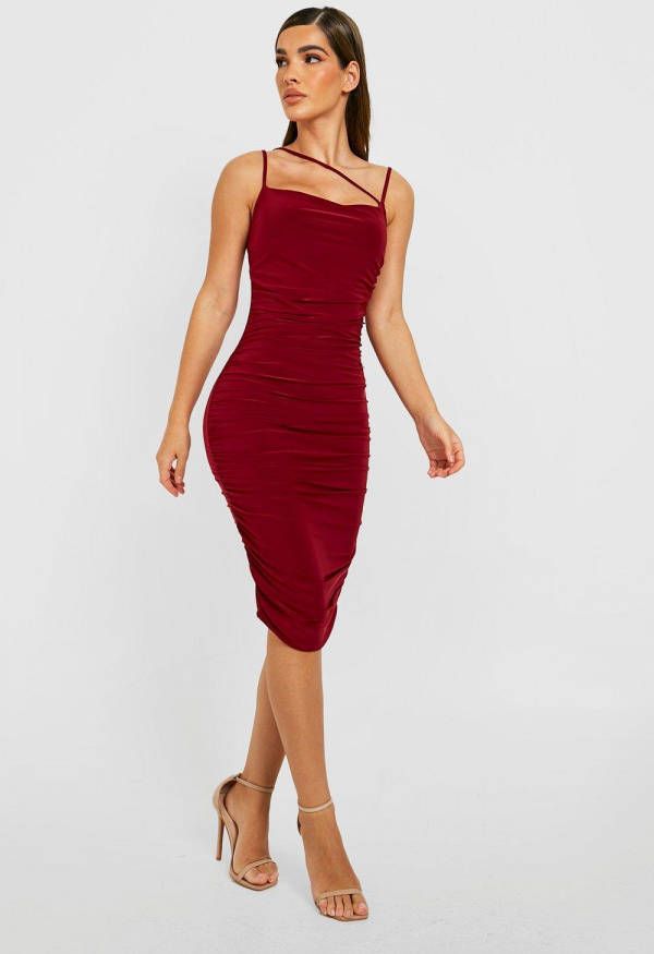 boohoo Strakke Geplooide Dubbele Midi Jurk Met Bandjes, Berry