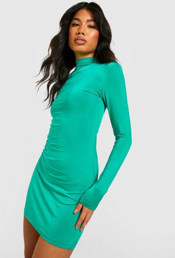 boohoo Strakke Gerecyclede Bodycon Jurk Met Hoge Hals, Green