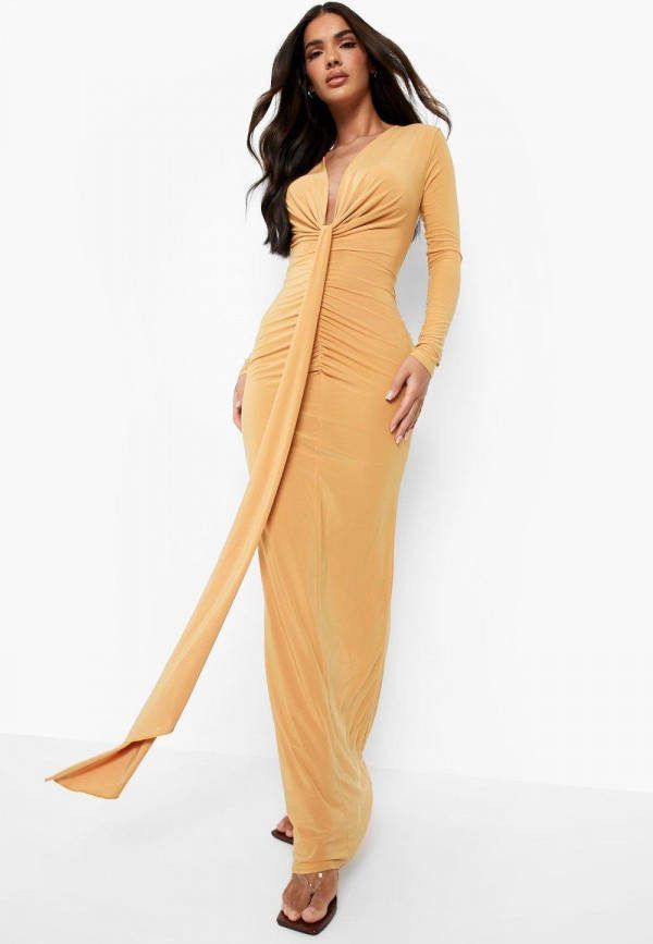 boohoo Strakke Met Laag Decolleté, Gedrappeerde Maxi Jurk, Mustard